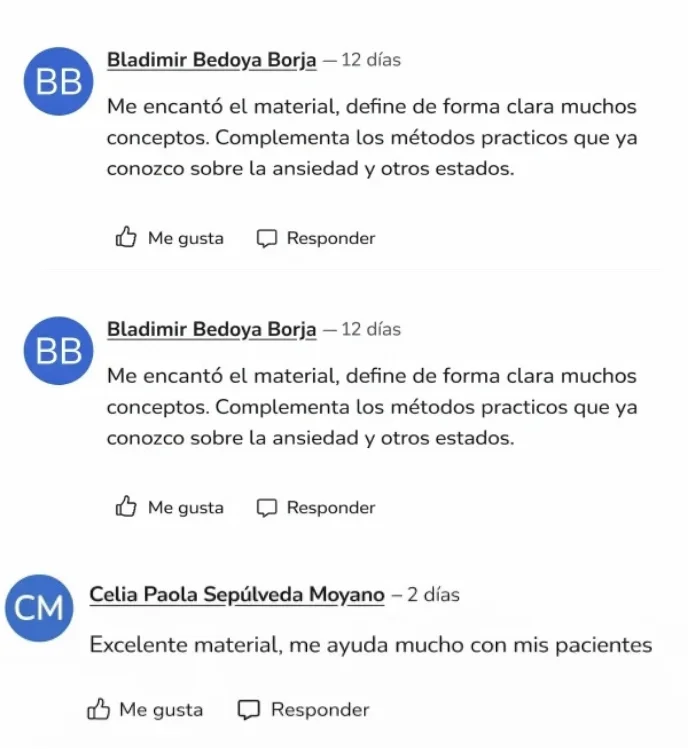 Comentarios de Facebook: “Me encantó el material, define de forma clara muchos conceptos” y “Excelente material, me ayuda mucho con mis pacientes”