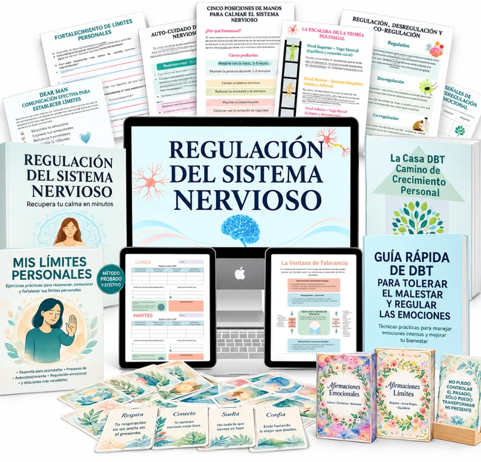 Workbook de Regulación del Sistema Nervioso con sus guías, hojas de trabajo y tarjetas de afirmaciones en ordenador y tablet