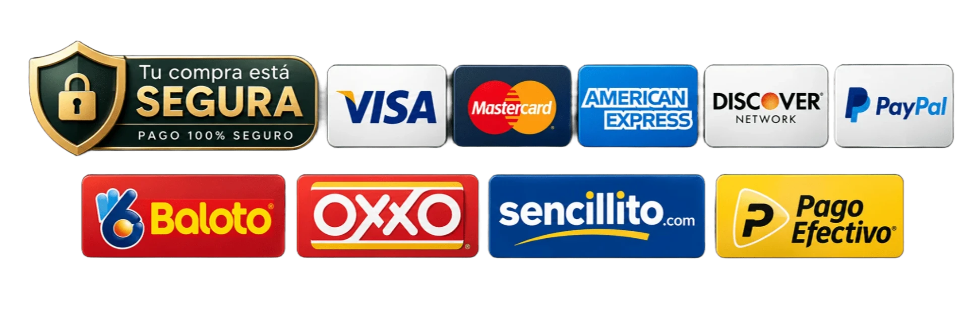 Pago 100% seguro. Métodos de pago disponibles: Visa, Mastercard, American Express, Discover, PayPal, Baloto, OXXO, Sencillito y Pago Efectivo